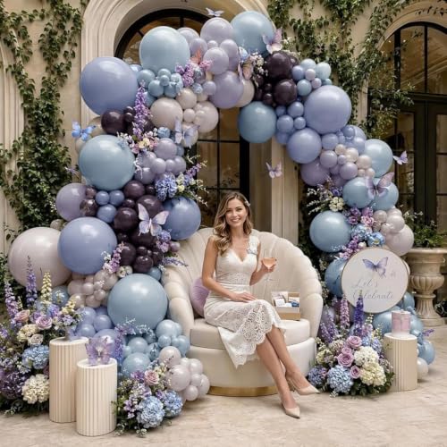 Image of Baby Blue Purple Balloon Arch Double Stuffed Lavender White Balloon Garland | Dusty Lilac Viloet Plum White Sand Balloons for Baby Shower,Birthday,Bridal,Fairy,Butterfly,BlueBerry Party Decorations