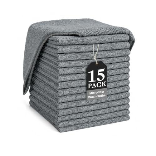 Image of TEAWOO Grey Washcloths 15 Pack, Highly Absorbent & Quick Drying