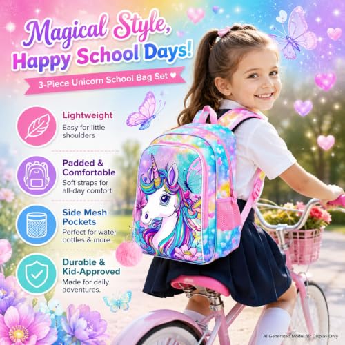 Image of 3Pcs Unicorn Backpack for Girls, 16 inch Kids Bookbag Set with Lunch Box,School Backpacks for Elementary Preschool Kindergarten (Rainbow)