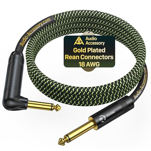 AA AUDIO ACCESSORY Pro Series Guitar Cable 10 ft Right Angle, Gold-Plated Neutrik REAN Connector, 99.99% OFC, Kevlar-Reinforced Braided 1/4 inch Instrument Cable for Fender Electric Guitar, Neon Green