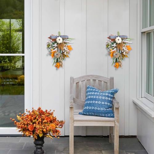 Image of 2PCS Fall Teardrop Swags 20inch Thanksgiving Wreath, Eucalyptus Berries Pumpkins Lamb Ears Leaves Autumn Wreaths for Front Door, Fall Decor, Porch Wall, Home Outdoor Holiday Decorations (C)