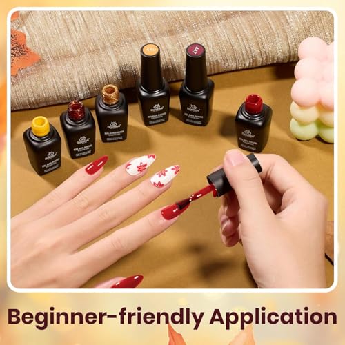 Image of Beetles Gel Nail Polish Set 6 Colors Gel Polish Red Orange Brown Gold Glitter Kit DIY Home Nail Art Manicure Kits UV LED Needed Gifts for Women Golden Blessing