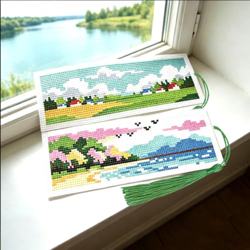 Image of ACRNIGHEET 6PCS Cross Stitch Bookmark Kit for Beginner Stamped Cross Stitch Kits for Adults Horizontal DIY Tassel Embroidery Bookmark Kits Needlepoint Kit with Instructions Craft Gift 8.5''x3'' 11CT