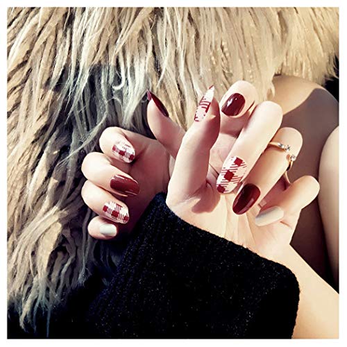 Fstrend False Nails Punk Plaid Full Cover Acrylic Red Fake Nails Tip Simple Fashion Party Clip on Nails for Women and Girls