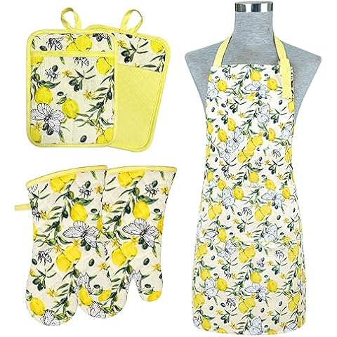 Alselo Oven Mitts and Pot Holders with Chef Apron,Set of 5 Heat Resistant Kitchen Gloves and Silicone Non-Slip Potholders Adjustable Neck Buckle Cooking Apron, Cotton Nice Design for Cooking (Lemon) Cover