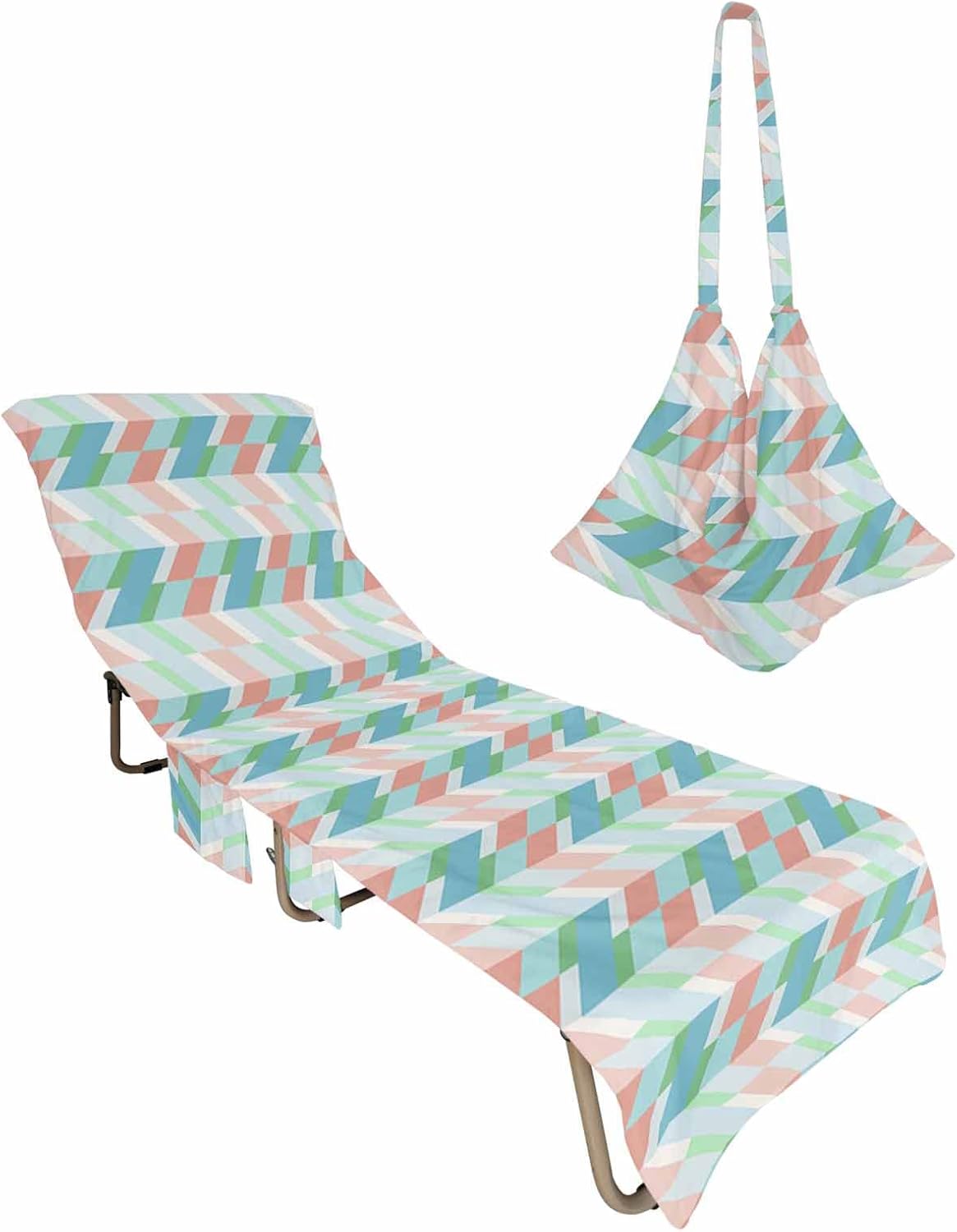 Geometric Teal Beach Pool Patio Lounge Chaise Chair Cover Towel With Pockets,Absorbent & Quick Dry Microfiber Towel Cover Bag Summer Accessories for Sunbathing Red Green Modern Abstract Minimalist Art