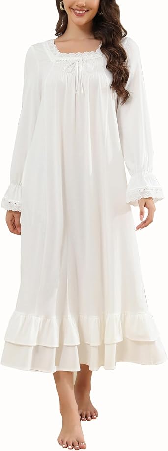 Rubehoow Womens Victorian Nightgown Vintage Long Sleeve Pajama Dress Soft Cotton Lounge Dress Nightwear