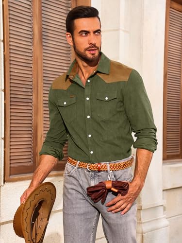 Image of Yousify Mens Western Cowboy Shirt Retro Corduroy Shirts with Pockets | Long Sleeve, Button Down, Vintage Snap Shirt, Country Shacket Jackets