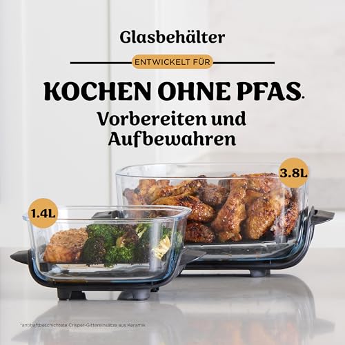 Ninja CRISPi Tragbare Heißluftfritteuse, 3,8 l & 1,4 l, 4-in-1: Heißluftfrittieren, Braten, Warmhalten, Aufknuspern, kompakt, 6 Portionen, 2 Glasbehälter & Deckel, 1700 W, Ingwerbraun FN101EUGD 4