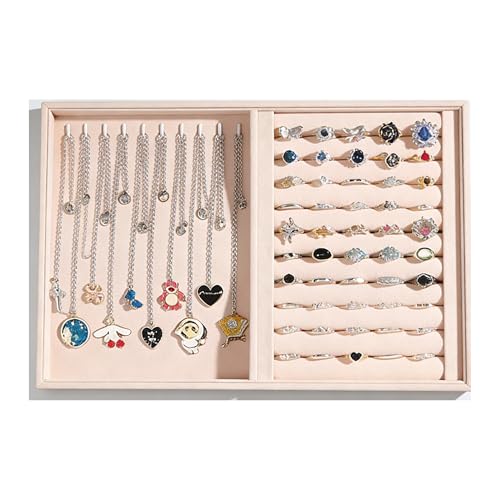 Qzichaowu 2-In-1 Jewelry Tray Organizer，Velvet Lining Stackable Jewelry Trays Display Holder (Beige)