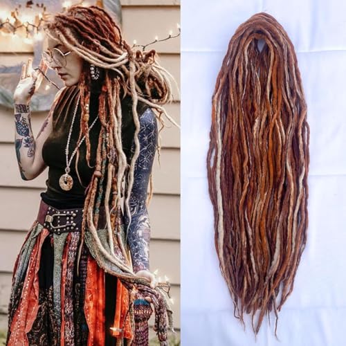 22 Inch Wool Double Ended Dreadlock Extensions 15 Strands DE Ends Mixed Brown Synthetic DE Dreads Thin Soft Fake Dreads Hippie Style Dreadlock for Women