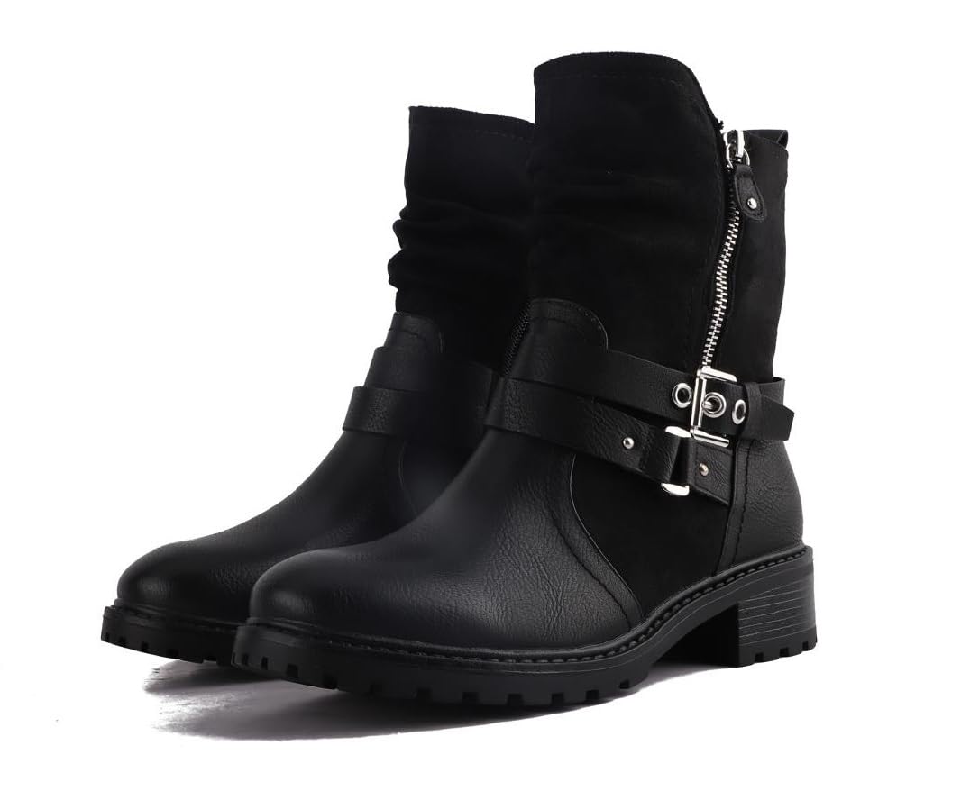 Pogolino Damen Stiefeletten Nieten Biker Boots mit Reißverschluß flach bequem Stiefel 2520