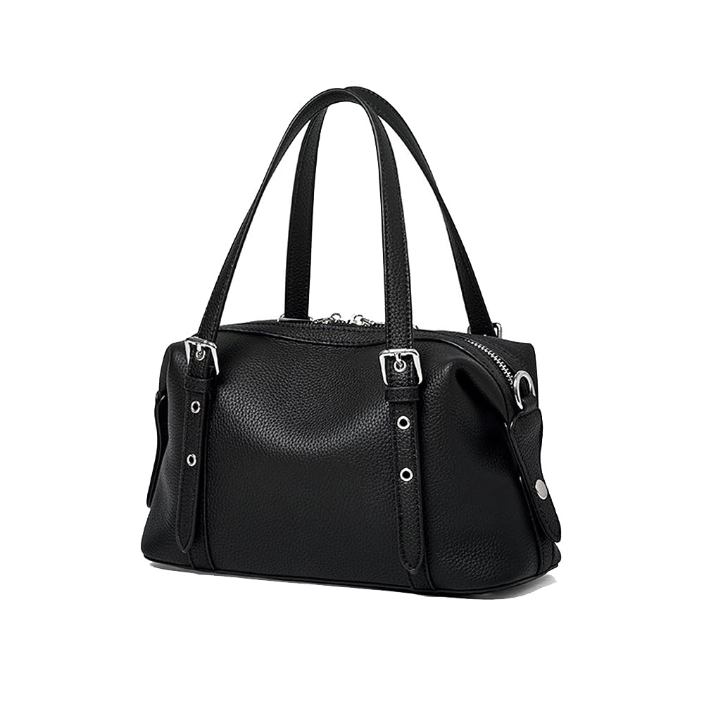 Bolso Boston Mujer de Cuero Flor Genuino, Bolso de Mano Gran Capacidad Minimalista, Elegante Bolso de Hombro y Bandolera para Trabajo Diario Negro