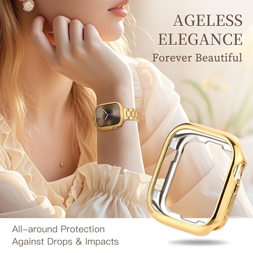 Image of Slim Metal Band for Apple Watch Bands for Women 42mm Series 11 10 iWatch Bands with Protective Case, Stainless Steel Thin Dressy Cute Fancy Strap for Apple Watch Series 11 & 10 42mm Band-Gold