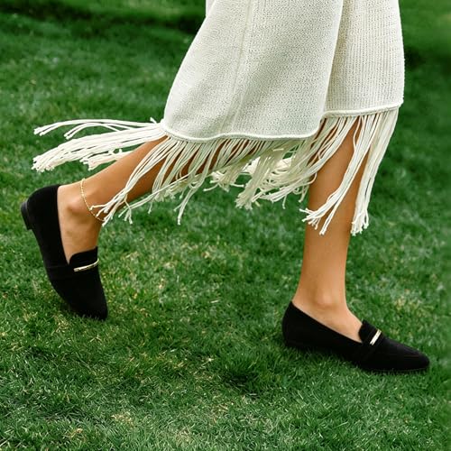Image of MUSSHOE Loafers for Women Pointed Toe: Dressy Gold Bit Flats, Suede BusinessCasual Slip On Shoes for Office Work,Interview & Teacher