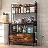 NAIYUFA Kitchen Bakers Rack with Power Outlet,5-Tier Free Standing Storage Shelf Bakers Rack with Baskets,Industrial Microwave Oven Stand,Metal Kitchen Rack Organizer with Hooks