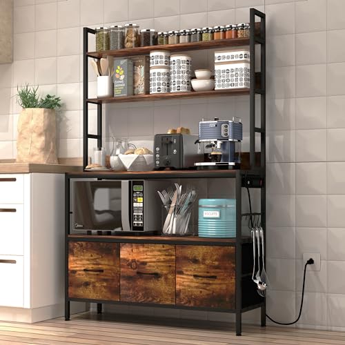 Kitchen Bakers Rack with Power Outlet,5-Tier Free Standing Storage Shelf Bakers Rack with Baskets,Industrial Microwave Oven Stand,Metal Kitchen Rack Organizer with Hooks