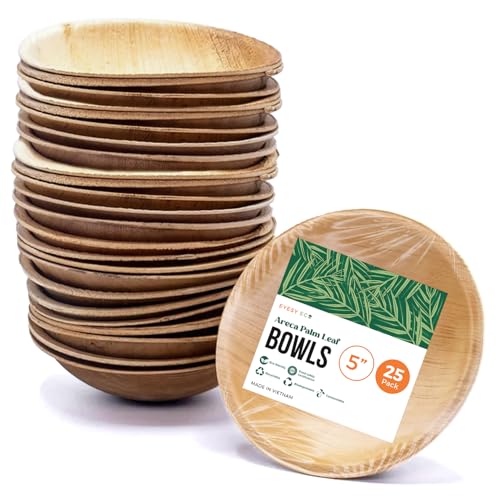 EYESY ECO Disposable Palm Leaf Small Bowls 5 Inch - Compostable & Biodegradable Mini Bamboo Like Bowls - Heavy Duty Paper Plates Alternative for Party Birthday Camping Brunch Dinner (25 Pack)