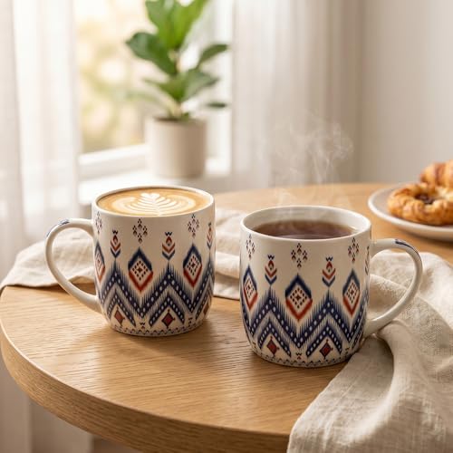 Image of UPC Coffee Mug Set of 6 | White Blue & Red Ikat Tribal Geometric Print | Boho Aztec Diamond Chevron Pattern | Tea & Coffee Cups | Microwave Safe | Home & Kitchen