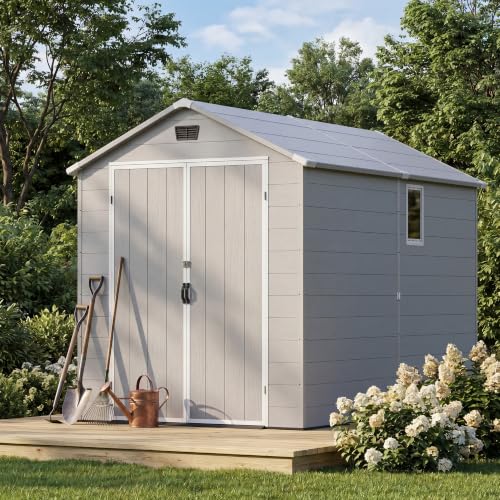 Image of Devoko 6x10 FT Plastic Storage Shed with Floor, Large Resin Outdoor Sheds with Lockable Door and Windows, Waterproof Outside Tool Garden Shed for Patio, Lawn, Backyard, Light Gray