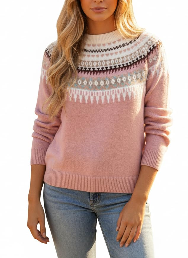 Womens Boho Plus Size Casual Long Sleeve Crewneck Sweaters Fall Winter Fair Isle Icelandic Ribbed Knit Pullover Top
