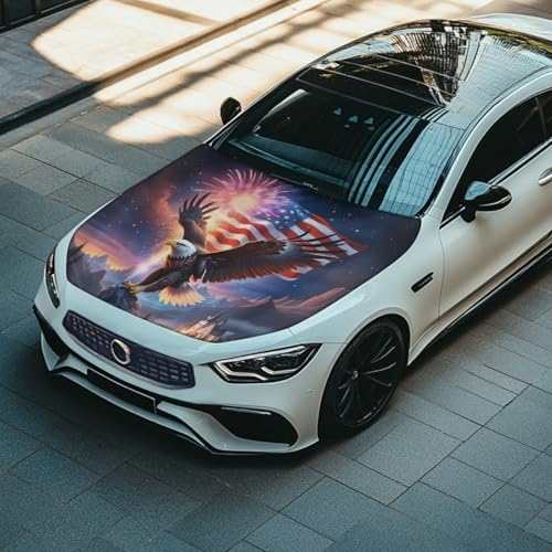 Image of Car Hood Cover, Car Hood Wrap Blankets Auto Banner Elastic Polyester Eagle and American Flag Automotive Accessories for Compact Cars Sedans SUV Trucks (59x39 Inch)