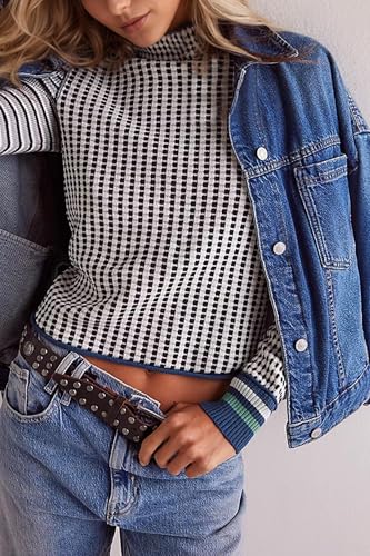 Casual Mock Neck Striped Cropped Sweater for Women Slim Fit Long Sleeve Plaid Pullover Sweater Color Block Knit Tops4