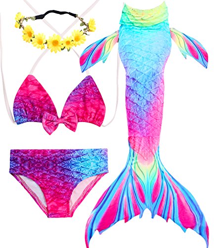 iGeeKid 3 Pcs Girls Swimsuit Mermaid for Swimming Princess Mermaid Costume Bikini Set for 3-12Y(Height 47-50in(7-8Y), A-a Rose Red)