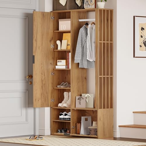 OKMYHOME Meuble d'entrée - Vestiaire d'entrée avec Miroir, 6 en 1 Porte-Manteau et Rangement, 5 Étagères + Armoire, 100x33x190 cm - Naturel