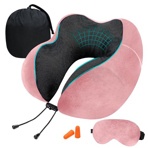 GREELI Premium Memory Foam Luxury Travel Neck Rest Pillow with Super Soft Removable Cover, Multipurpose Comfortable Travel Pillow for Men and Women (Pink Combo)