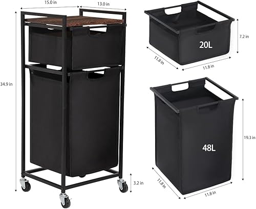 Miniatura 2 de LUCKUP Cesta de lavandería con estante, clasificador de ropa sucia de 2 secciones con bolsas extraíbles, cesta de lavandería rodante con ruedas,