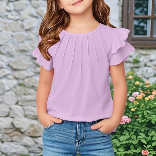 Girls Dressy Causal Tops T-Shirt Kids Fashion Cute Ruffle Short Sleeve Casual Basic Crewneck Pleated Blouse 5-13 Year2