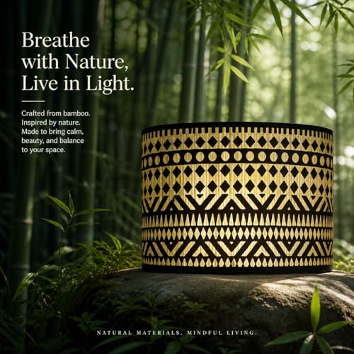 Image of Bamboo Lamp Shade, Wabi-Retro lamp shade, Hand-Woven Drum Light Cover for E27 Base 30X30x20CM, Easy Install Pendant Floor Wall Table Lamp Shade, Natural Mottled Shadow Effects
