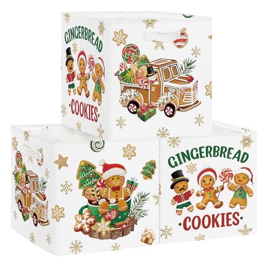Clastyle Juego de 3 Cubos de Almacenamiento Navidad Caja Organizadoras de Almacenaje Juguetes Libro para Infantil Cubo de Almacenaje Armario para Ropa Niña,Galletas Jengibre,30x30x30 cm