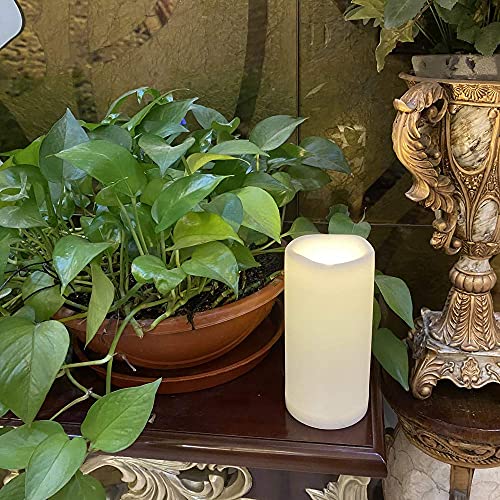 Image of CANDLE CHOICE Waterproof Outdoor Battery Operated Flameless Candles with Timer Large Plastic Resin Bright Flickering Electric LED Pillars Lantern Garden Wedding Christmas Decorations 4 inch(D)x8 inch(H) 2 PCS