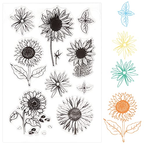 GLOBLELAND Sunflowers Clear Stamp Silicone Stamp Cards Leaves Stamp Transparent Seals for Card Making Decoration and DIY Scrapbooking