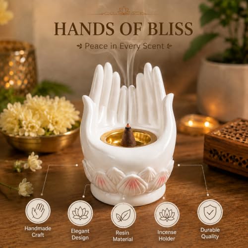 Image of Ekhasa White Lotus Buddha Hand Incense Stick Holder with Ash Catcher