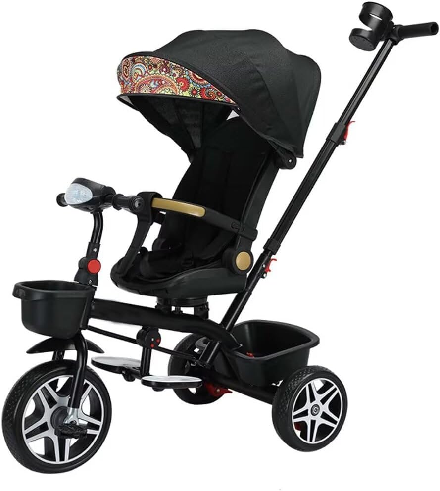 Reversible seat Toddler Stroller Buggies,Children Stroller pram with Canopy and Music Headlight,high Back seat with guardrail and Belt,kidstricycle with Parent Handle,Double Brakes (black with canopy