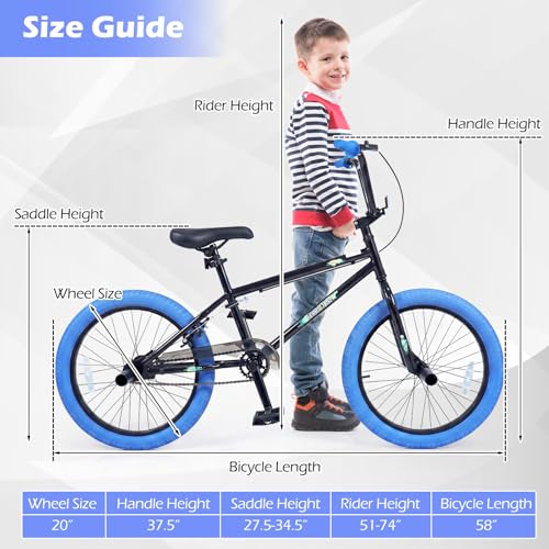 Image of Goplus Freestyle BMX Bike, 20 inch Trick Bicycle w / 360 Degree Steering, 4 Pegs, Adjustable Seat, U-Brake, Hi-Ten Steel Frame, Training Bike for Beginner Riders Teens Youth Boys Girls