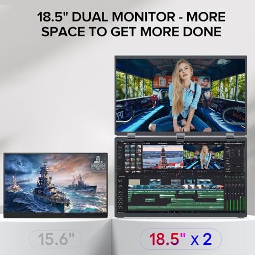 Image of 18.5 inch FHD 1080P Dual Portable Monitor 100% sRGB Laptop Screen Extender, 330 Screen Adjustment & 135 Stand, VESA Mountable, USB-C /HDMI, Travel Monitor for Laptop, Windows