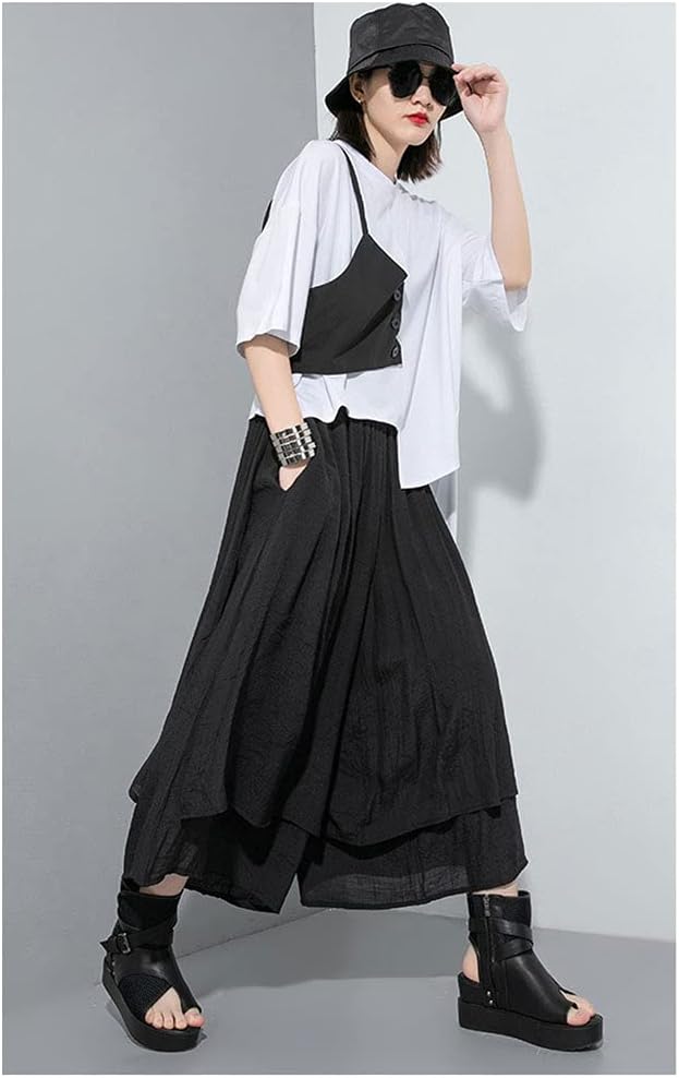 [モリノー] ワイドパンツ レディース 夏 ガウチョ パンツ 薄手 通気 涼しい スカートパンツ ウエストゴム ポケット付き ゆったり ドレープ 個性的 モード系