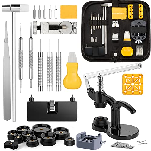 Eventronic Combinées Kit Montre & Presse Montre, Professionnel Kit Reparation Montre, Kit Changement Pile Montre, Accessoires Montre, Outil Montre et Presse Montre avec 12 Tailles de Moules