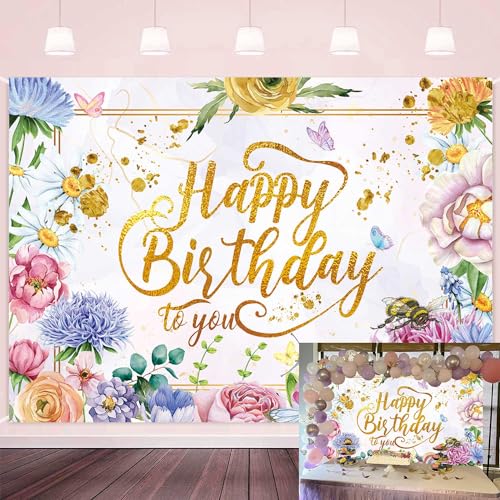 CUMIA Toile de fond de fête d'anniversaire à fleurs roses pour photographie de filles et femmes - Bannière de fête d'anniversaire pour fête prénatale - Fournitures de décoration de fête (2,1 x 1,5 m)