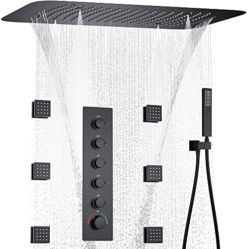 AYIVG Sistema de Ducha Integral Mate Negro con 3 en 1 Multi Función Cabezal de Ducha de 16 x 24 Pulgadas de Latón y Válvula Termostática con 6 Jets Corporales miniatura 1