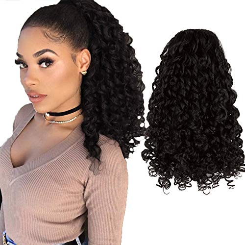 Curly Ponytail Extension Drawstring Ponytail for Black Women Synthetic Black Curly Ponytails with 2 Clips on Ponytail 14 Inch Drawstring Ponytail Extensions for Women (1b#)