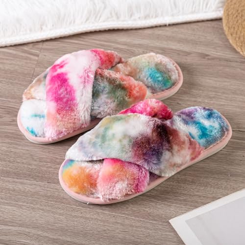 Image of Enteer Women's Slipper Memory Foam Cross Band Fuzzy Slippers Open Toe Cozy House Slippers Cozy Plush Bedroom Indoor Outdoor