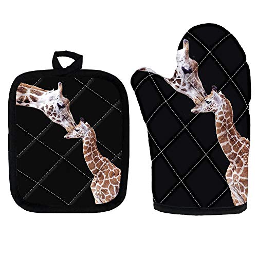 HUGS IDEA Family Giraffe Maternal Love Ofenhandschuhe Hitzebeständig Weiches Futter mit Ofenhandschuhen Doppelte Ofenhandschuhe für Küche Kochen Backen Grillen Grillen