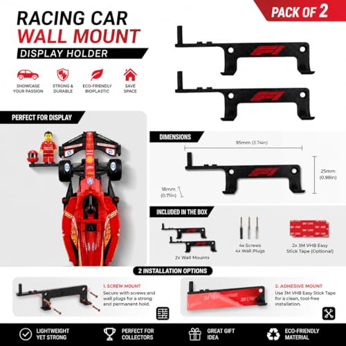 Image of 2 Pack F1 Car Wall Mount Compatible with Speed Champions Building Brick Cars | Racing Car Display Hanger with Screws Included | Durable Bioplastic Wall Holder (Wall mount with Driver Slot)