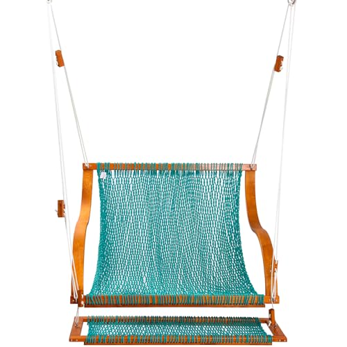 Image of SANIWERKE Porch Swing for 2, Double Hammock Swing with Footrest & S-Armrest, Adjustable Hanging, Durable Rope Net&Thick Wood, 650LBS, 50 inch Wide, Luxe Reclining Duo Swing for Patio Porch(Honey Meadow)