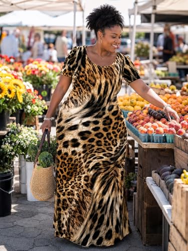 Image of SUZONANA Plus Size Maxi Dress for Curvy Women Summer Casual Sundress Short Sleeve Loose Vacation Dress